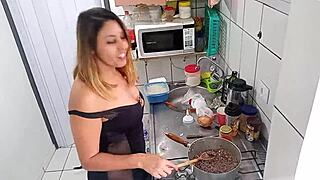 sarah rosa cooks sexy in kitchen, big ass tits tease voyeur