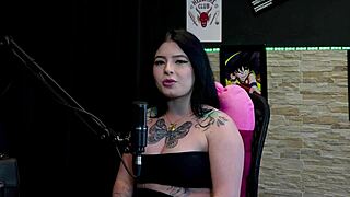Tattooed Morena Flashes Huge Tits and Teases Friend's Clit on Sheer Red