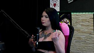 Tattooed Morena Flashes Huge Tits and Teases Friend's Clit on Sheer Red