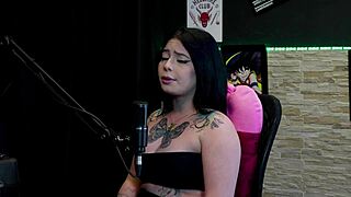 Tattooed Morena Flashes Huge Tits and Teases Friend's Clit on Sheer Red