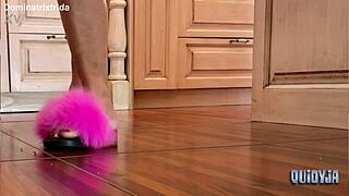 Tattooed Barefoot Toes Slip from Furry into Kitchen Fetish Exposure