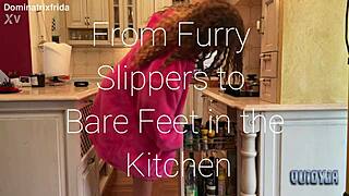 Tattooed Barefoot Toes Slip from Furry into Kitchen Fetish Exposure