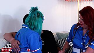 two sexy british nurses in uniforms take turns deepthroating and fucking patient hard 😈