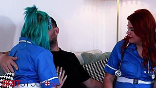 two sexy british nurses in uniforms take turns deepthroating and fucking patient hard 😈