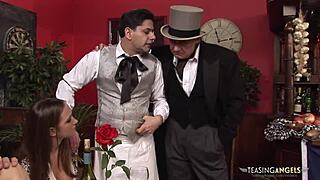 Maid babe shares cocks with friend sucking tits on sofa