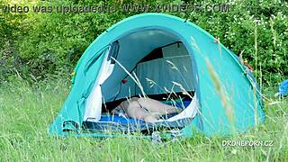 Nudist milf Al B Ta hides in tent craving public outdoor eyes