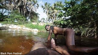 lucky foreigner ravishes african queen's perfect skinny body by village river