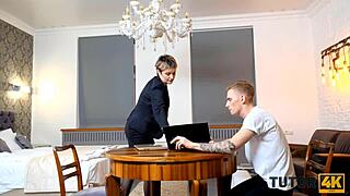 short-haired teacher gets nailed hard by stud in every pose