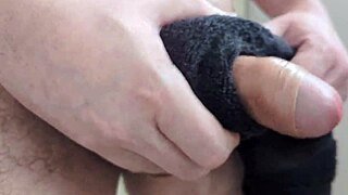 guy drops towel for massive close-up cock cumshot in bathroom solo