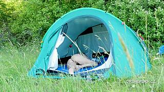 Nudist milf Al B Ta hides in tent craving public outdoor eyes