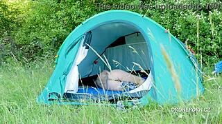 Nudist milf Al B Ta hides in tent craving public outdoor eyes