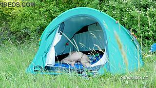 Nudist milf Al B Ta hides in tent craving public outdoor eyes