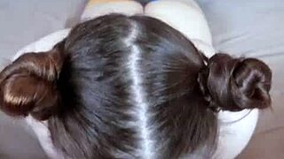 pov cute glasses milf in buns deepthroats balls licks gets facial throatpie