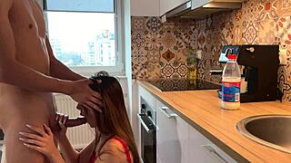 Skinny tall redhead wife seduces neighbor for kitchen pounding