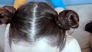 pov cute glasses milf in buns deepthroats balls licks gets facial throatpie