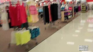 suggestive stockroom sneak attack deepthroats massive cock in risky public surprise