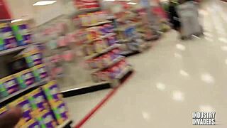 suggestive stockroom sneak attack deepthroats massive cock in risky public surprise