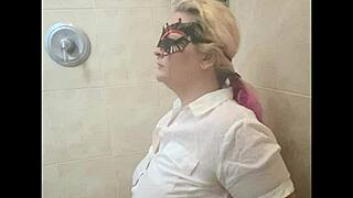 Screaming sexy blonde submissive slut gets pissed on first time, deepthroat cumshot facial humiliation with huge natural tits