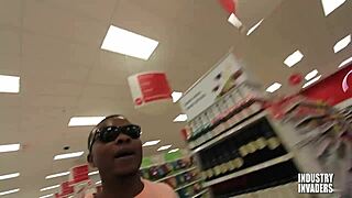 suggestive stockroom sneak attack deepthroats massive cock in risky public surprise