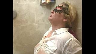 Screaming sexy blonde submissive slut gets pissed on first time, deepthroat cumshot facial humiliation with huge natural tits