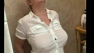 Screaming sexy blonde submissive slut gets pissed on first time, deepthroat cumshot facial humiliation with huge natural tits