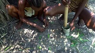 African tribe chief welcomes skinny beauty with raw outdoor forest pounding