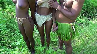 African tribe chief welcomes skinny beauty with raw outdoor forest pounding