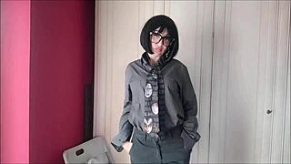 chantalchannel teases wet in secretary stockings and heels