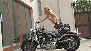 Alyssia Diamond Strips Naughty on Motorcycle in Lingerie and Boots