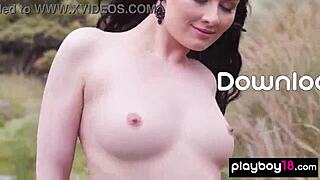 Playful brunette Skylar Leigh strips naked posing sexy in outdoor stream