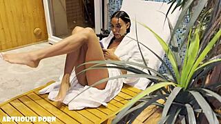 surprise! petite latina oily footjob in steamy sauna