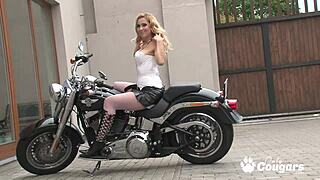 Alyssia Diamond Strips Naughty on Motorcycle in Lingerie and Boots