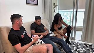 Guy sucks lover's thick cock while wife watches in homemade scene