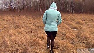 Married Russian Wife Fucks Outdoors in Pantyhose Swallows Cum