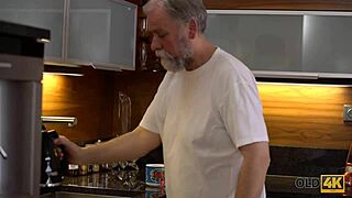 Drunk young babe rides old man's cock on sofa hard