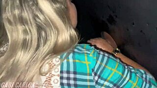 tanned wife used in gloryhole by huge cock as husband jerks