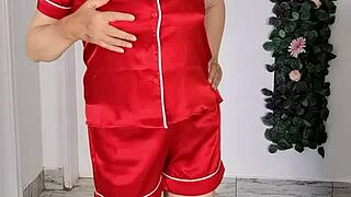 Horny babe strips teases blows and takes cum on huge tits