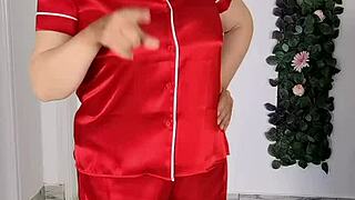 Horny babe strips teases blows and takes cum on huge tits