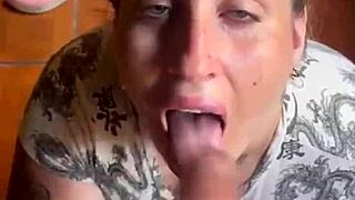 Blonde tattoo slut swallows double cum after sloppy deep throat