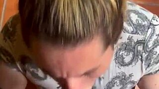 Blonde tattoo slut swallows double cum after sloppy deep throat