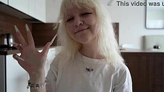 blonde beauty teases herself moaning on kitchen counter pre-work rush