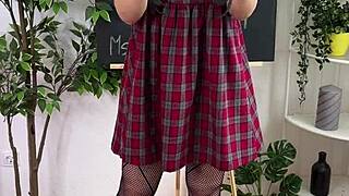 picture your sexy teacher in stockings handcuffs toying solo for fun.