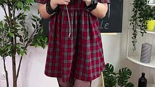 picture your sexy teacher in stockings handcuffs toying solo for fun.