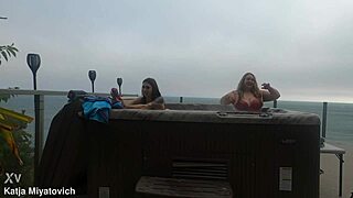 Babes splash and laugh wildly in steamy hot tub fun!