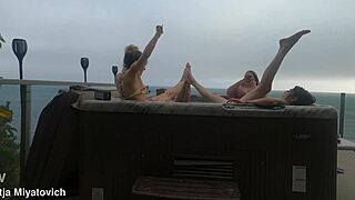 Babes splash and laugh wildly in steamy hot tub fun!