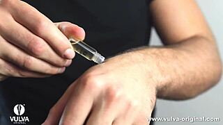 Horny blonde's wet cunt throbs through soaked panties up close