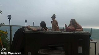Babes splash and laugh wildly in steamy hot tub fun!