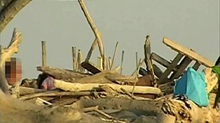 Girlfriend slurps my cock hungrily on crowded public beach with strangers watching