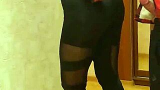 Fit brunette gives slow POV blowjob, perfect boobs bounce in standing doggy.