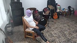 My best friend sneaks off to stroke his huge cock while flashing in the music room like a total pervert